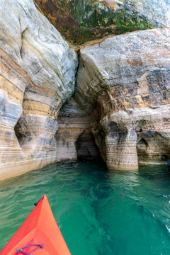 Kayaking In Lake Superior Sea Cavern At Pictured Rocks