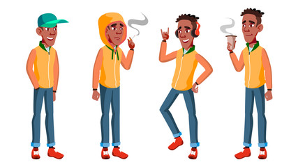 Obraz premium Teen Boy Poses Set Vector. Black. Afro American. Pretty, Youth. For Postcard, Announcement, Cover Design. Isolated Cartoon Illustration