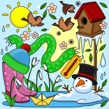 A Black And White Spring Illustration Objects, A Birdhouse With Birds, A Snowman Melted, An Icicle Melts, A Puddle, Rubber Boots, A Paper Boat, A Boat, A Thermometer, A Hat, A Scarf And Snowdrops.