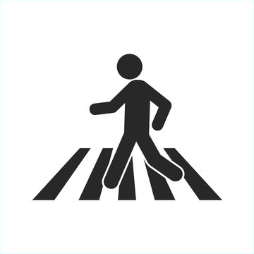 Man silhouette crossing crosswalk. Simple flat icon, black on white background. 