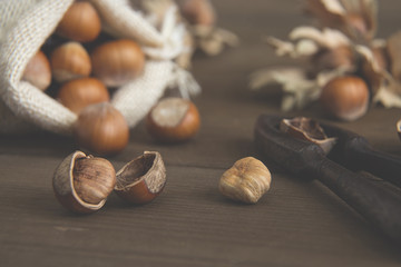 Rustic table with hazelnuts and nutcracker / Table with whole and shelled hazelnuts, old nutcracker and jute sack