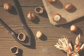 Rustic table with hazelnuts and nutcracker / Aerial view of a table with whole and shelled hazelnuts, old nutcracker and jute sack