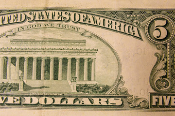 Closeup of american five dollars banknote