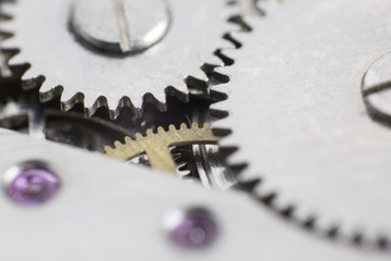 Macro detail of the gears ​​in the mechanism of a wristwatch / Extreme close up of the inside of a wristwatch case