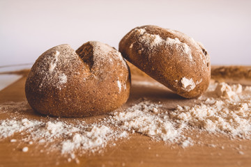  Homemade baking. Bread. Round bread. Buns. Flour. Rye bread. Fresh bakery.