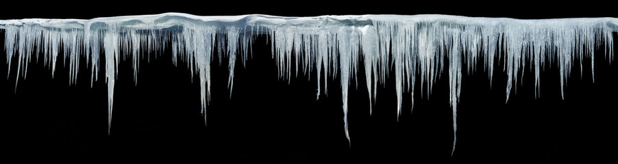 Icicles on an black background, isolated object. Panoramic photo.