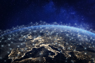 European telecommunication network connected over Europe, France, Germany, UK, Italy, concept about...