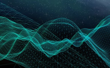 Abstract landscape on a dark background. Star horizon. Cyberspace grid. Hi-tech network. Outer space. Starry outer space texture. 3D illustration