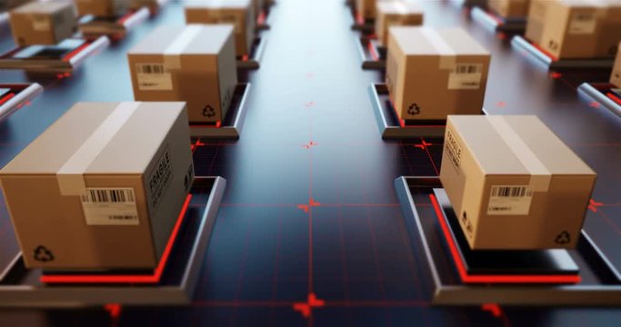4K 3D rendering Packages are transported in high-tech Settings,online shopping,Concept of automatic logistics management.