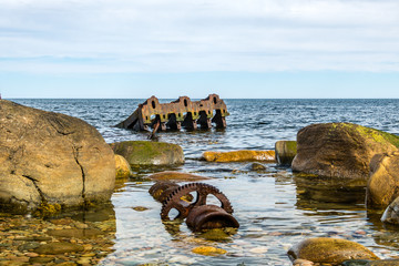 Wreckage of the SS Ethir stewn on the beach, Gros Morne National Park, Newfoundland, Canada