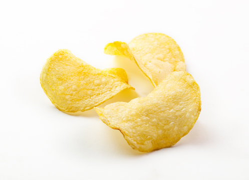 Potato chips isolated white background close up