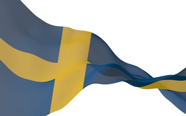 The flag of Sweden. Official state symbol of the Kingdom of Sweden. A blue field with a yellow Scandinavian cross that extends to the edges of the flag. 3d illustration