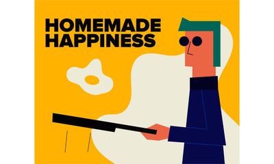 Cool hipster man making an omelette. Man with Pan. Isolated vector illustration of a man tossing fried eggs. Cooking Template