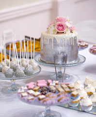 wedding cake and various sweet food on a table