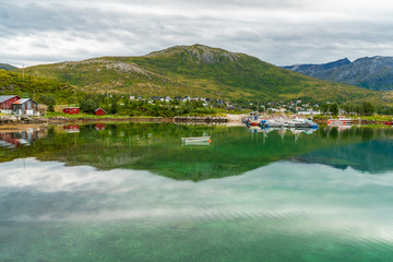 Fototapeta na wymiar View of Ersfjorden and Ersfjordbotn village, Troms County in Norway