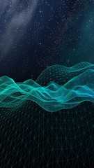 Star horizon. Abstract landscape on a dark background. Cyberspace grid. Hi-tech network. Outer space. Starry outer space texture. 3D illustration