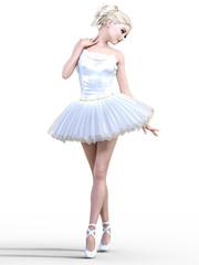 Dancing ballerina 3D. White ballet tutu. Blonde girl with blue eyes. Ballet dancer. Studio photography. High key. Conceptual fashion art. Render realistic illustration. White background.