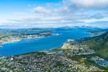 Aerial view of Tromso and Tromsoysundet strait in Norway