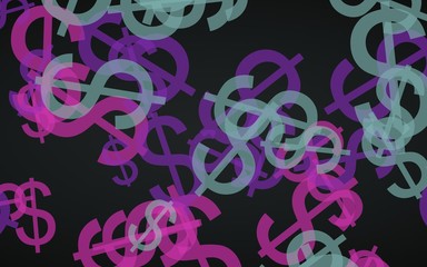 Multicolored translucent dollar signs on dark background. Green tones. 3D illustration