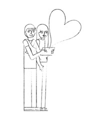 young couple with heart and tablet device avatar character
