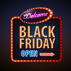 Neon sign black friday open. Vintage electric signboard. Road sign