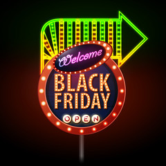 Neon sign black friday open. Vintage electric signboard. Road sign