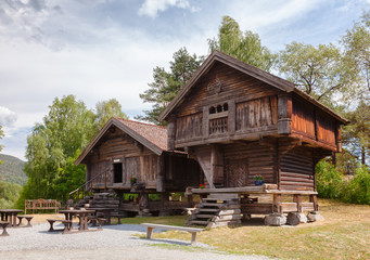Old traditional Norwegian Stabbur store houses Telemark Norway Scandanavia
