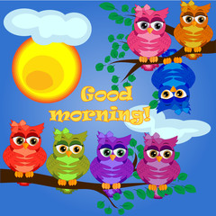 An unhappy, sleepy owl on a tree branch in the morning, the sun shines and smiles. Inscription Good morning. Morning, breakfast