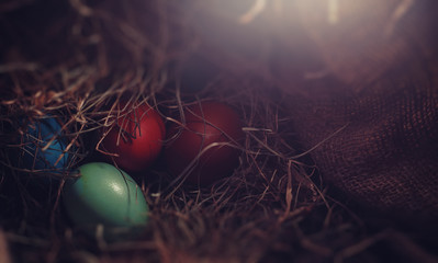 Easter painted eggs on burlap