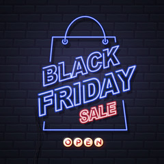 Neon sign black friday big sale open on brick wall background. Vintage electric signboard.