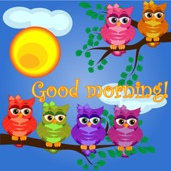 An unhappy, sleepy owl on a tree branch in the morning, the sun shines and smiles. Inscription Good morning. Morning, breakfast