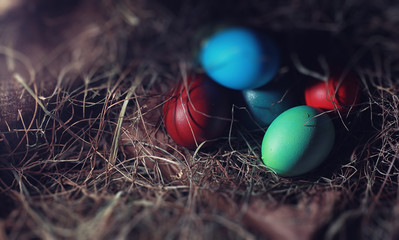 Easter painted eggs on burlap