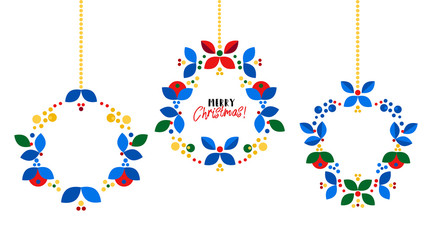 Merry Christmas, Happy New Year card design. Abstract flat xmas wreath traditional winter holidays decoration. Elegant design for greeting cards, postcards, invitation cards, gift tags. Vector