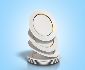 a stack of white plates with a gold strip 3d render on a blue background