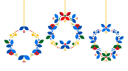 Merry Christmas, Happy New Year card design. Abstract flat xmas wreath traditional winter holidays decoration. Elegant design for greeting cards, postcards, invitation cards, gift tags. Vector