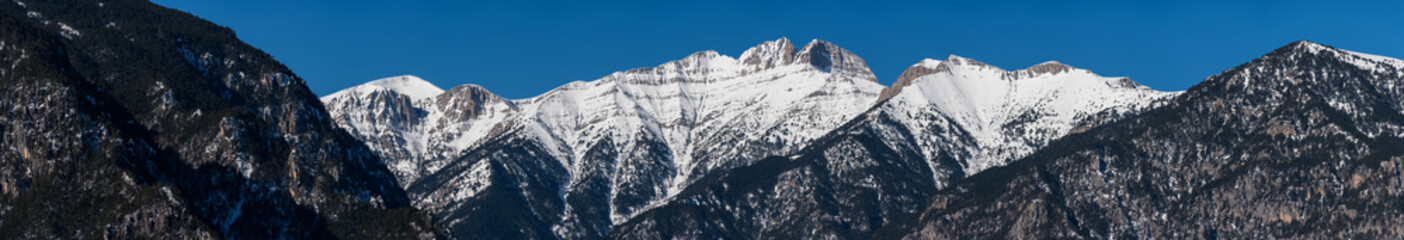 Panoramic view of Olympus highest peaks in winter