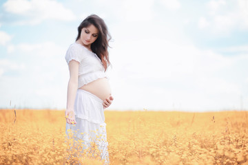 Pregnant woman in nature for a walk in the autumn