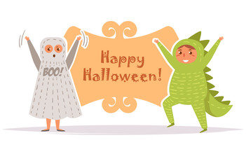 Postcard with children in Halloween costumes Vector. Cartoon. Isolated