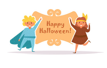 Postcard with children in Halloween costumes Vector. Cartoon. Isolated