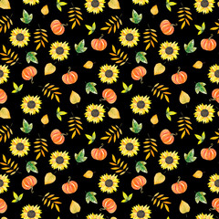 Handpainted watercolor pattern of autumn leaves, pumpkins and sunflowers on white background