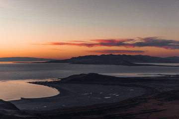 Mountaintop view of the sunset over the Great Salt Lake in Utah USA