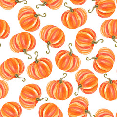 Handpainted watercolor pattern of autumn orange pumpkins on white and black background