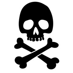 Evil black silhouette skull with crossbones. Pirate flag, jolly Roger. T-shirt print, vector design.