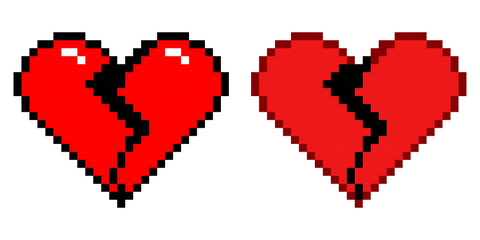 Fototapeta premium Cracked pixel heart set. Glossy heart and flat. Vector design.