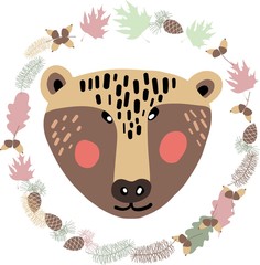 Cute, lovely, pretty and simple animal faces sketch, bear and autumn floral elements. Doodle style icons for kids, perfect for cards and invitations, textile, wallpapers. Clip art vector design.