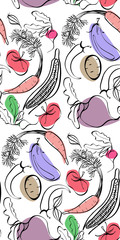 Beautiful bright graphic Scandinavian pattern of organic vegetables: potato, tomato, beetroot, shallot, eggplant, corn, carrot vector hand illustration. Perfect for greetings card, textile, menu, wall