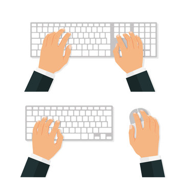 Keyboard and mouse. Hands of user. View from above - stock vector.