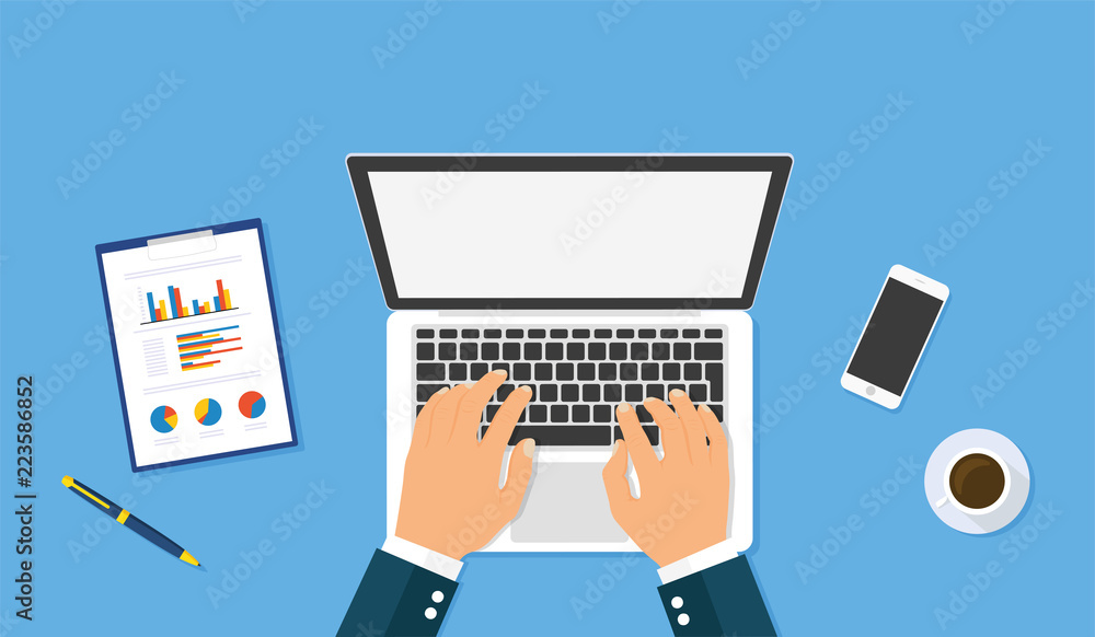 Poster hands typing text on the laptop keyboard. top view - stock vector.
