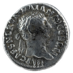 Ancient Roman silver denarius coin of Emperor Trajan. Obverse.