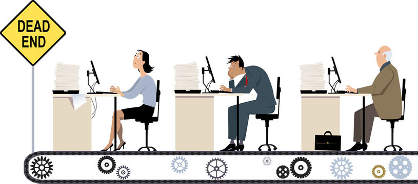 A line of business people working at their office desk riding a conveyor to the dead end, EPS 8 vector illustration of dead-end job